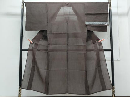 平和屋着物＊夏物 男性 小千谷ちぢみ 黒茶色 麻 反端付き 逸品 CABG8646th