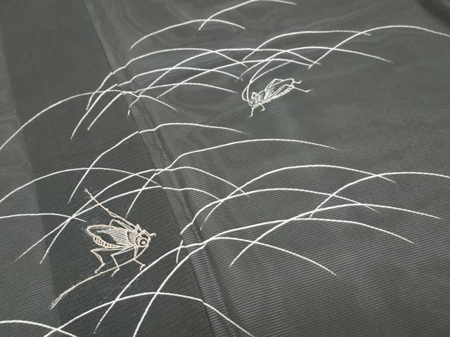 平和屋着物＊夏物　訪問着　駒刺繍　夏虫　芝草文　黒地　正絹　逸品　CABG8655th