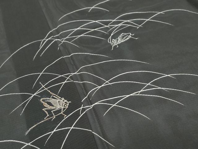 平和屋着物＊夏物　訪問着　駒刺繍　夏虫　芝草文　黒地　正絹　逸品　CABG8655th