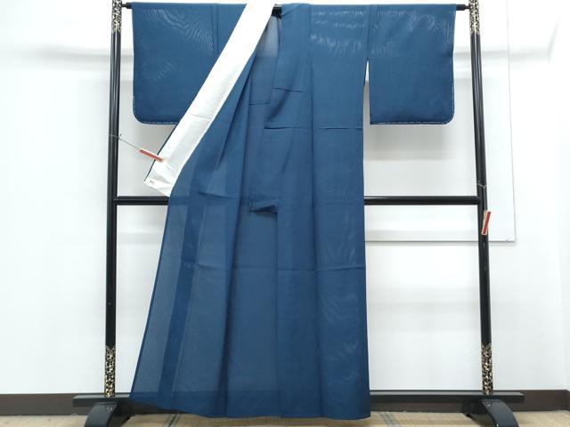 平和屋着物＊夏物　色無地　縦絽　青藍色　正絹　逸品　CABG8661th