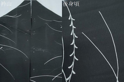 平和屋着物＊夏物 小紋 絽 草葉文 黒地 正絹 逸品 CABG8665th