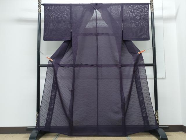 平和屋着物＊夏物　色無地　草葉紋紗　深紫色　正絹　逸品　CABG8670th