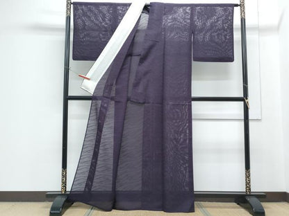 平和屋着物＊夏物　色無地　草葉紋紗　深紫色　正絹　逸品　CABG8670th