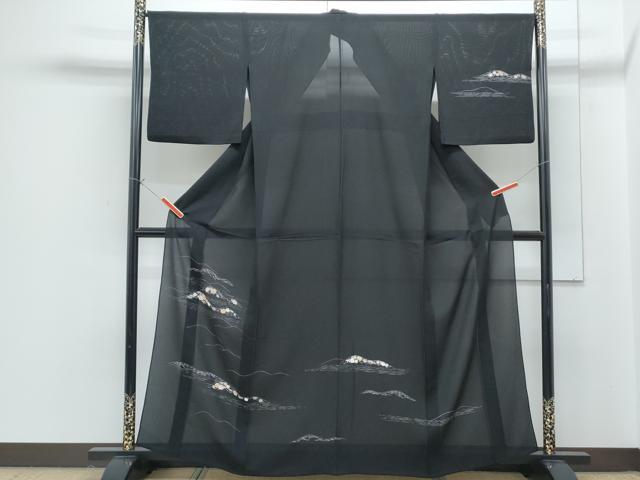 平和屋着物＊夏物　訪問着　友禅　絽　草花文　黒地　正絹　逸品　CABG8674th
