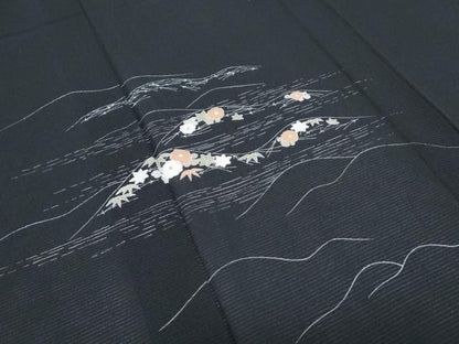 平和屋着物＊夏物　訪問着　友禅　絽　草花文　黒地　正絹　逸品　CABG8674th