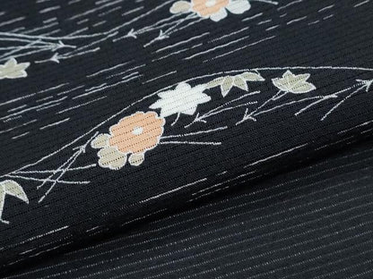 平和屋着物＊夏物　訪問着　友禅　絽　草花文　黒地　正絹　逸品　CABG8674th
