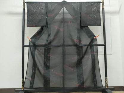 平和屋着物＊夏物　小紋　絽　立波文　黒地　正絹　逸品　CABG8680th
