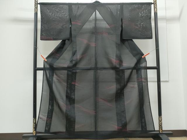 平和屋着物＊夏物　小紋　絽　立波文　黒地　正絹　逸品　CABG8680th