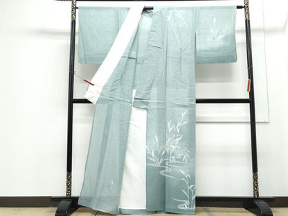 平和屋着物＊夏物　訪問着　絽紬地　流水草葉文　暈し染め　正絹　逸品　CABG8683th