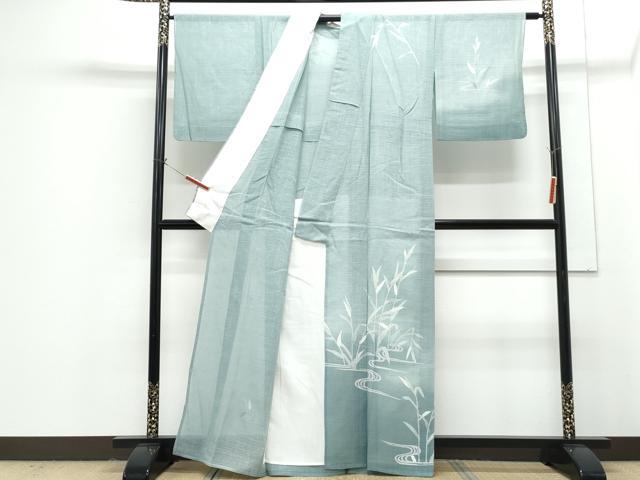平和屋着物＊夏物　訪問着　絽紬地　流水草葉文　暈し染め　正絹　逸品　CABG8683th