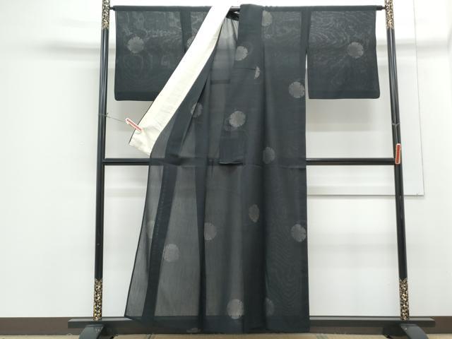 平和屋着物＊夏物 結城紬 夏結城 100亀甲 飛び亀甲柄 雪輪文 黒地