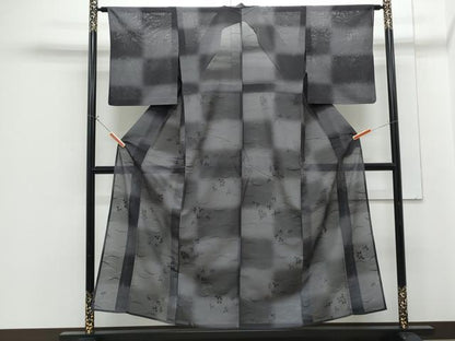 平和屋着物＊夏物　小紋　絽　草葉文　黒地　正絹　逸品　CABG8697th