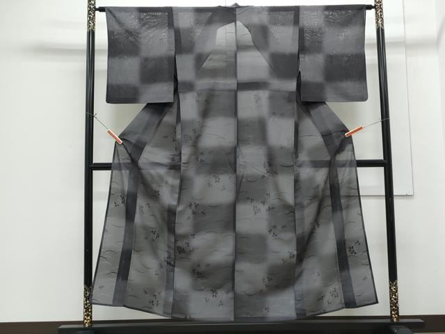 平和屋着物＊夏物　小紋　絽　草葉文　黒地　正絹　逸品　CABG8697th