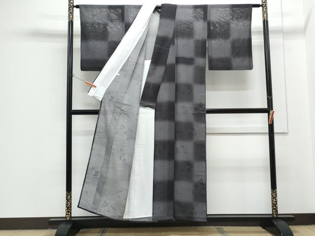 平和屋着物＊夏物　小紋　絽　草葉文　黒地　正絹　逸品　CABG8697th