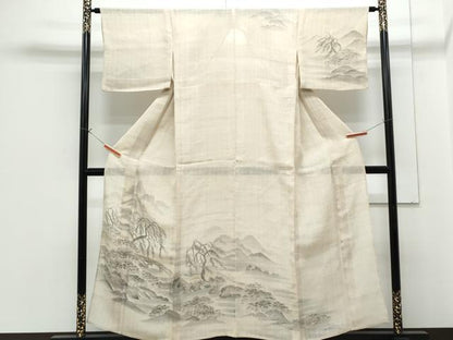 平和屋着物＊夏物　訪問着　生紬地　渡橋風景文　正絹　逸品　CABG8701th