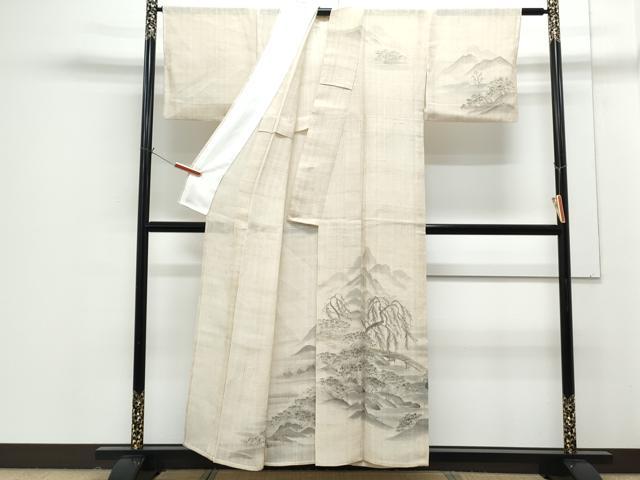 平和屋着物＊夏物　訪問着　生紬地　渡橋風景文　正絹　逸品　CABG8701th