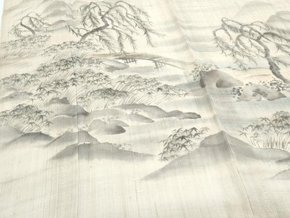 平和屋着物＊夏物　訪問着　生紬地　渡橋風景文　正絹　逸品　CABG8701th