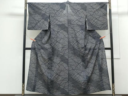 平和屋着物＊夏物　小紋　絽　芝草文　たたき染め　黒地　正絹　逸品　CABG8703th