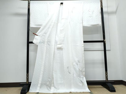 平和屋着物＊夏物　訪問着　総刺繍　市松紋紗　百合　金糸　ロング丈　正絹　逸品　CABG8708th