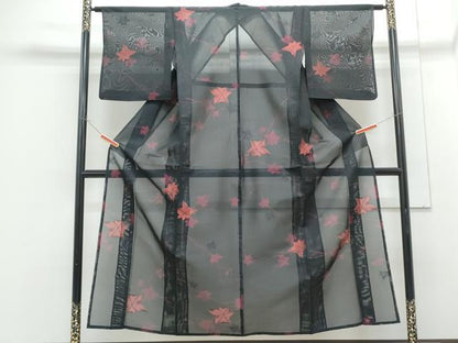 平和屋着物＊夏物　小紋　紗　楓文　黒地　正絹　逸品　CABG8715th