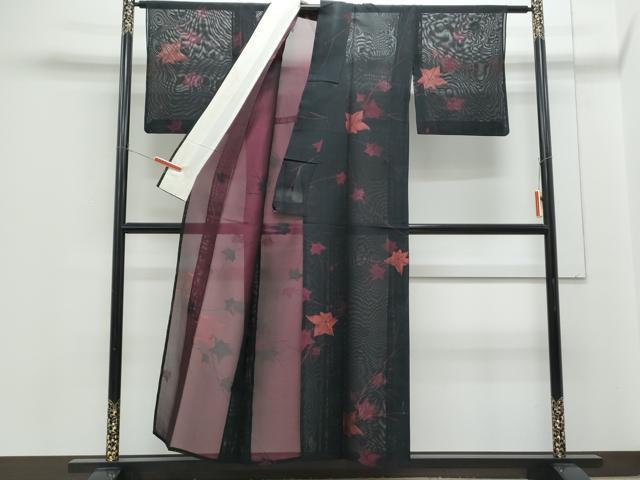 平和屋着物＊夏物　小紋　紗　楓文　黒地　正絹　逸品　CABG8715th
