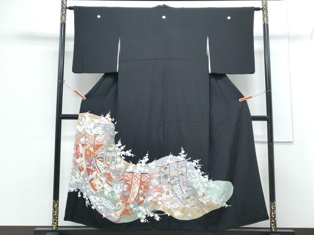 平和屋着物■豪華黒留袖　駒刺繍　几帳飛鶴花文　金彩　正絹　逸品　CABG8721th
