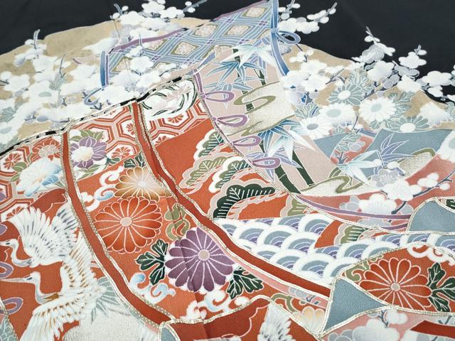 平和屋着物■豪華黒留袖　駒刺繍　几帳飛鶴花文　金彩　正絹　逸品　CABG8721th