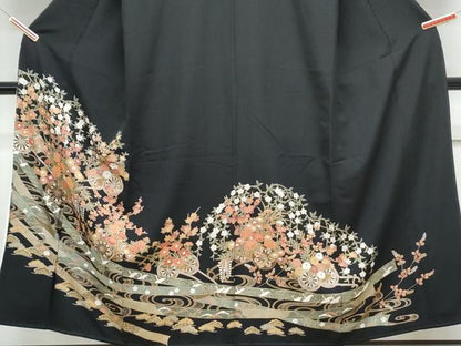 平和屋着物■豪華黒留袖　駒刺繍　花車文　金彩　正絹　逸品　CABG8727th