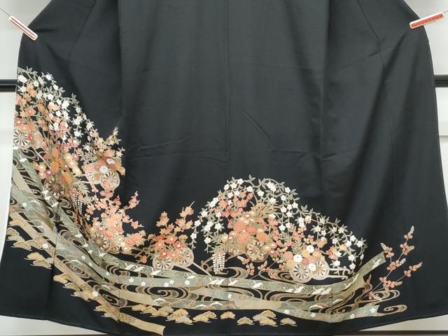平和屋着物■豪華黒留袖　駒刺繍　花車文　金彩　正絹　逸品　CABG8727th