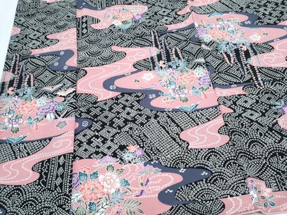平和屋着物■小紋　型染め　流水花鳥文　洗える着物　CABG8731th