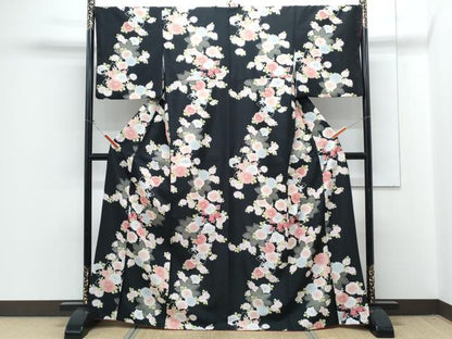 平和屋着物■小紋　草花文　黒地　洗える着物　CABG8737th