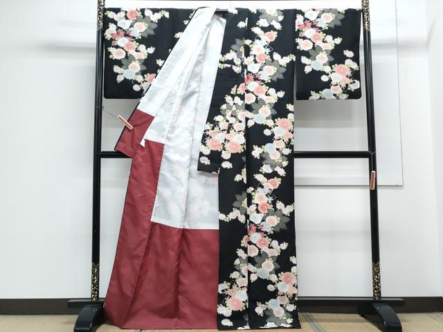 平和屋着物■小紋　草花文　黒地　洗える着物　CABG8737th