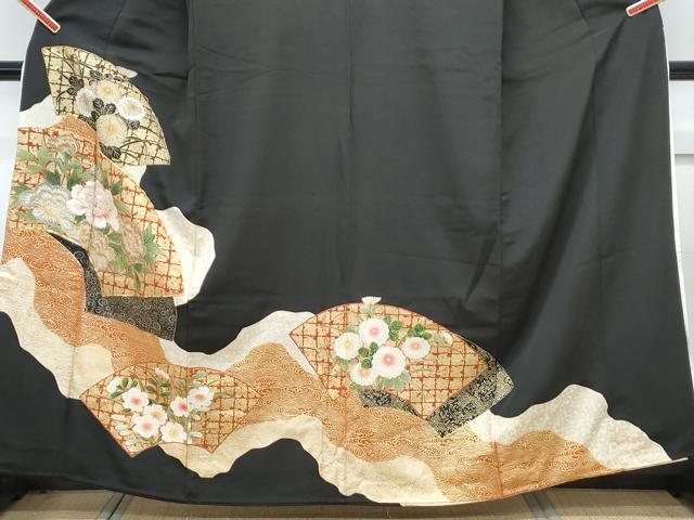 平和屋着物■豪華黒留袖　駒刺繍　地紙花文　金彩　正絹　逸品　CABG8762th