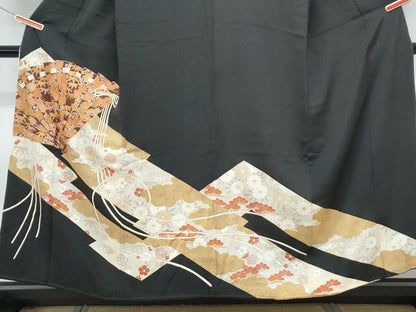 平和屋着物■豪華黒留袖　駒刺繍　桧扇花文　金彩　正絹　逸品　CABG8763th