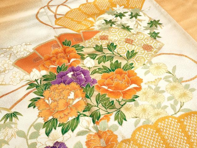 平和屋着物■訪問着　駒刺繍　桧扇花文　暈し染め　金彩　正絹　逸品　CABG8778th