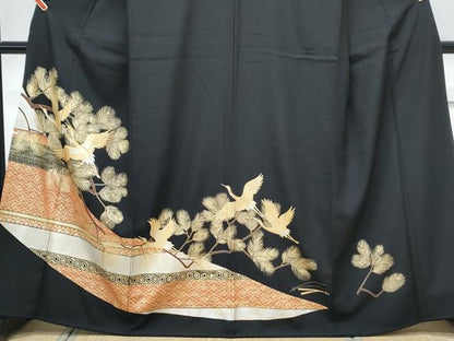 平和屋着物■豪華黒留袖 飛鶴枝松文 金銀彩 正絹 逸品 CABG8785th
