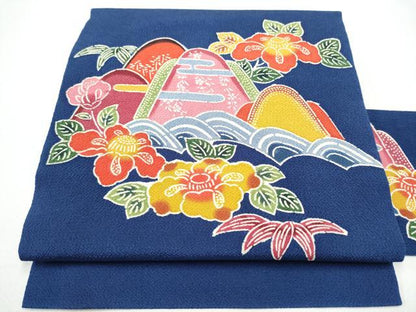 平和屋着物●九寸名古屋帯　型染め　遠山草花文　正絹　逸品　CABG8807hy
