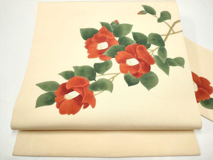 平和屋着物●塩瀬　九寸名古屋帯　手描き　枝椿　金彩　正絹　逸品　CABG8808hy