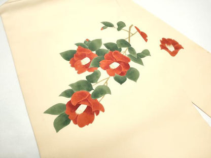 平和屋着物●塩瀬　九寸名古屋帯　手描き　枝椿　金彩　正絹　逸品　CABG8808hy