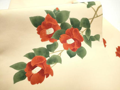 平和屋着物●塩瀬　九寸名古屋帯　手描き　枝椿　金彩　正絹　逸品　CABG8808hy