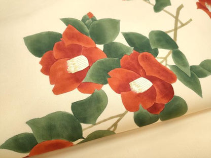 平和屋着物●塩瀬　九寸名古屋帯　手描き　枝椿　金彩　正絹　逸品　CABG8808hy