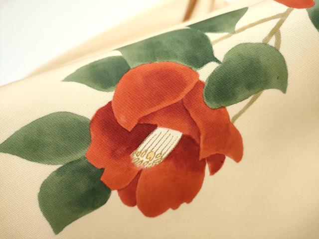 平和屋着物●塩瀬　九寸名古屋帯　手描き　枝椿　金彩　正絹　逸品　CABG8808hy