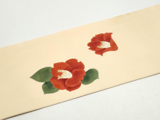 平和屋着物●塩瀬　九寸名古屋帯　手描き　枝椿　金彩　正絹　逸品　CABG8808hy