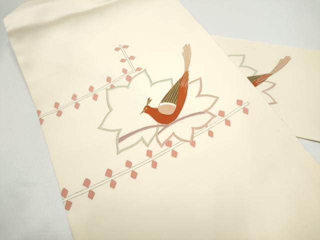 平和屋着物●塩瀬　九寸名古屋帯　駒刺繍　舞葉鳥文　金彩　正絹　逸品　CABG8813hy