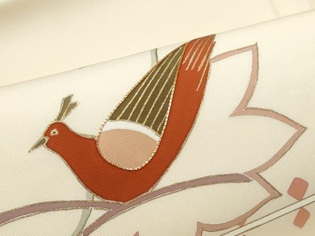 平和屋着物●塩瀬　九寸名古屋帯　駒刺繍　舞葉鳥文　金彩　正絹　逸品　CABG8813hy