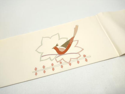 平和屋着物●塩瀬　九寸名古屋帯　駒刺繍　舞葉鳥文　金彩　正絹　逸品　CABG8813hy