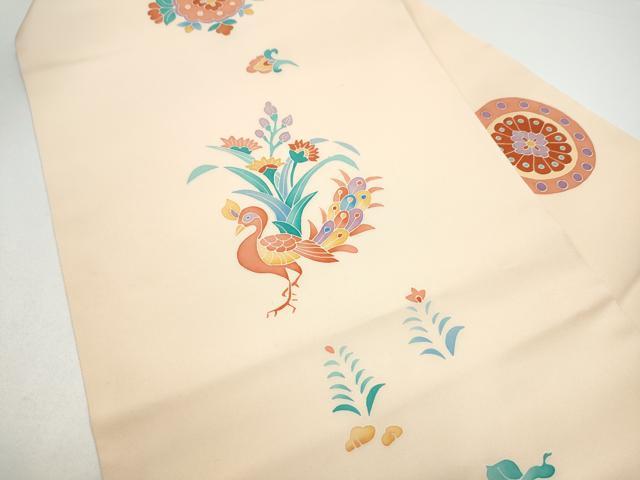 平和屋着物●塩瀬　九寸名古屋帯　孔雀花文　正絹　逸品　CABG8819hy