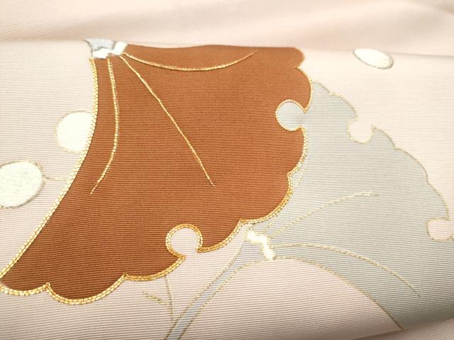 平和屋着物●塩瀬　九寸名古屋帯　駒刺繍　枝葉文　金彩　正絹　逸品　CABG8823hy