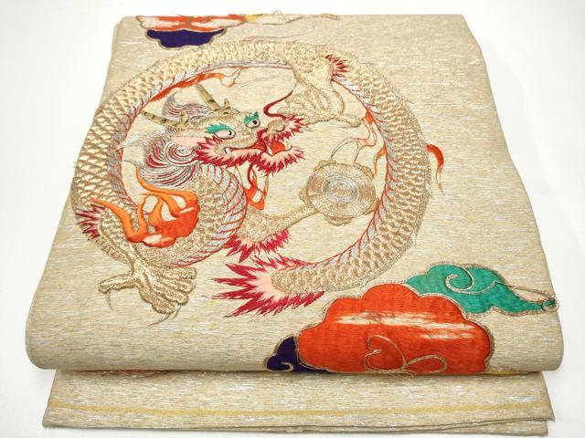 平和屋着物●アンティーク　大正ロマン　丸帯　総刺繍　駒刺繍　雲龍　金銀糸　引き抜き帯　正絹　逸品　CABG8829hy