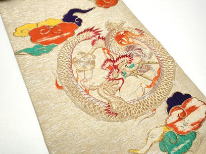 平和屋着物●アンティーク　大正ロマン　丸帯　総刺繍　駒刺繍　雲龍　金銀糸　引き抜き帯　正絹　逸品　CABG8829hy